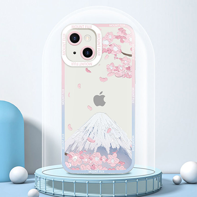 「富士山シリーズ」油絵風雪山と桜クリアスマホケース