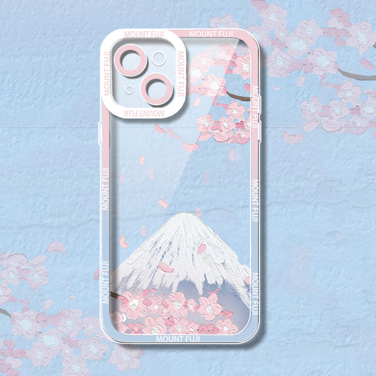 「富士山シリーズ」油絵風雪山と桜クリアスマホケース