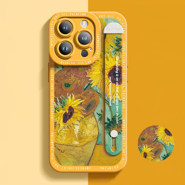 Oil Painting Art Style Sunflower Print Smartphone Case with Wrist Strap