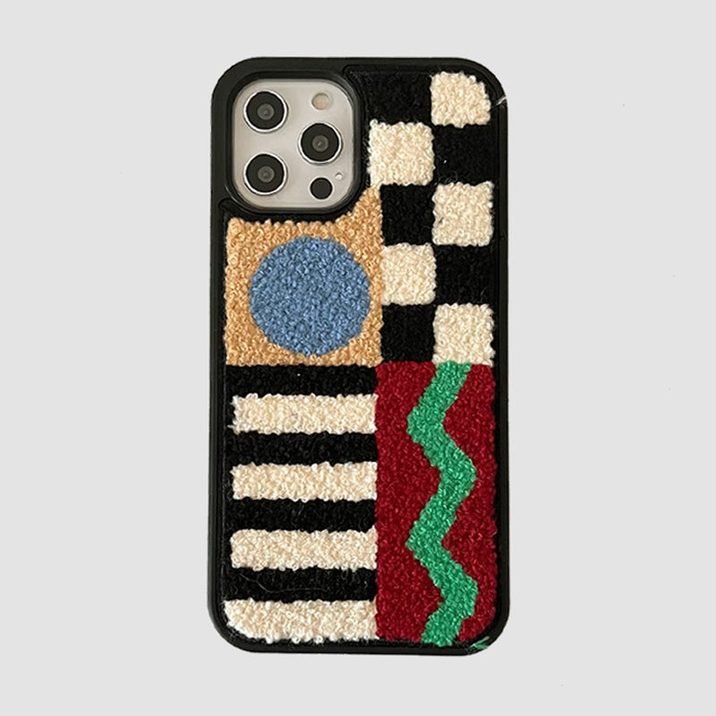 幾何学模様パッチワーク風フェイクファー素材スマホケース