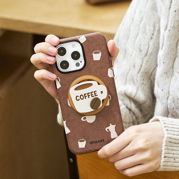 Cute Coffee Motif Double-Layered Magnetic Phone Case with Stand and Film Coating