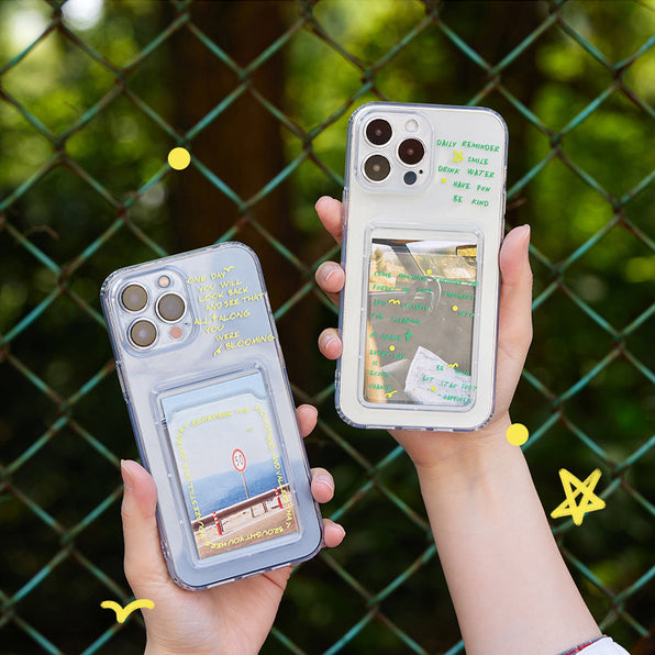 Clear smartphone case with English print Cheki-sized card storage pocket (available in 2 colors)