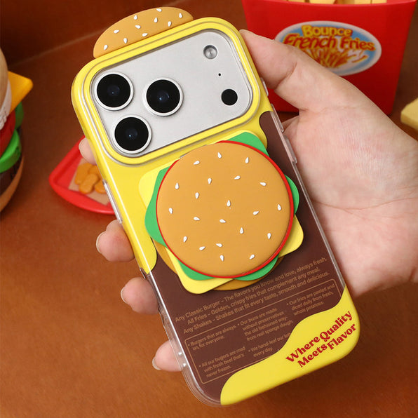 3D Burger Motif Phone Case with Hidden Mirror and Stand (Magnetic)