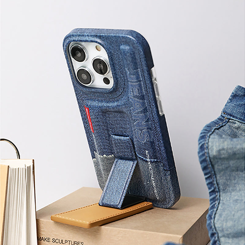ヴィンテージデニム調フェイクレザースタンド一体型スマホケース