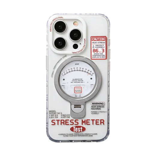 Smartphone case with integrated rotating stand and matte finish, featuring a pressure gauge motif