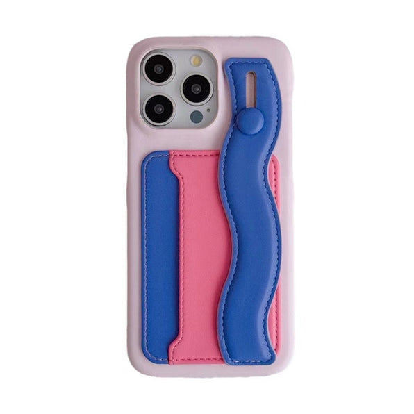Color Block Design Hand Strap & Card Holder Phone Case