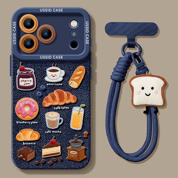 Embroidered Bread Pattern Denim iPhone Case with Strap