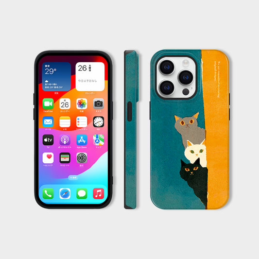3匹の猫モチーフブルー×イエロー二重構造フィルム加工スマホケース
