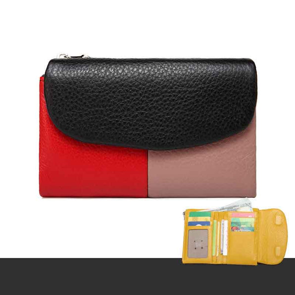 Genuine Leather Trifold Wallet for Women, Color Block, Large Capacity, Available in 9 Colors