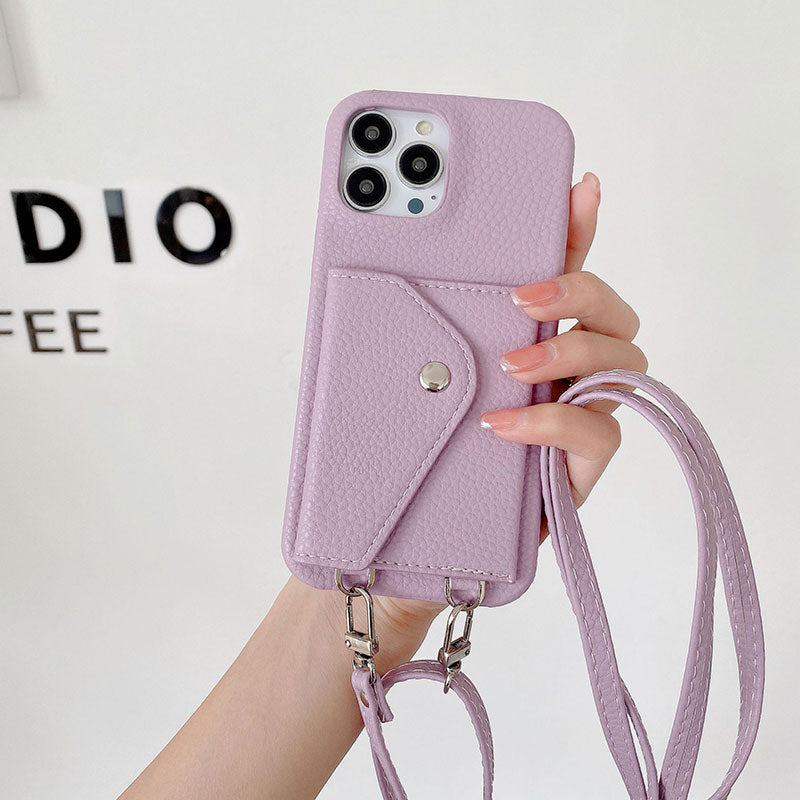 日韓風カード収納 斜め掛け荔枝柄レザーiPhoneケース