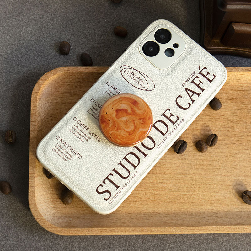 スタイリッシュコーヒーテーマエアバッグ式スタンド付きPUスマホケース