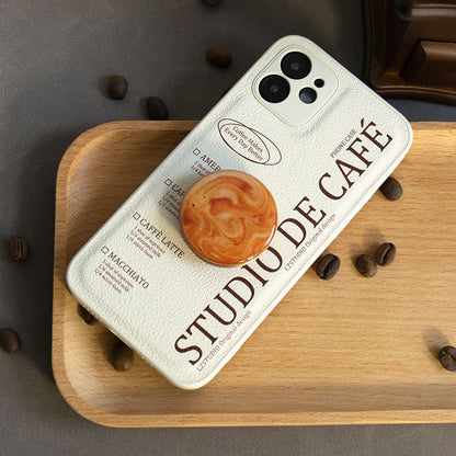 スタイリッシュコーヒーテーマエアバッグ式スタンド付きPUスマホケース