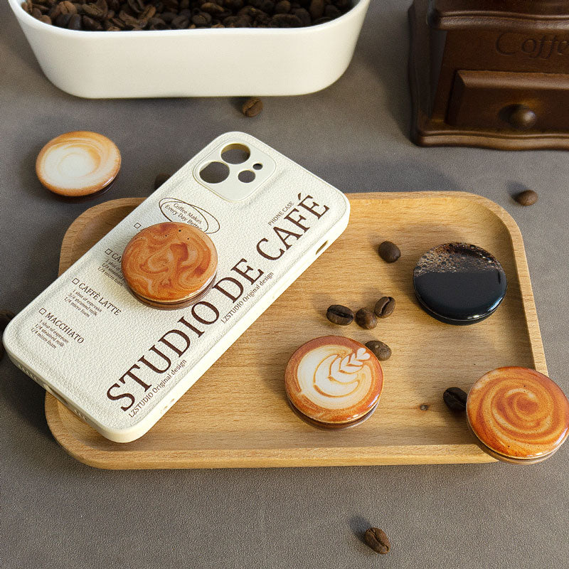 スタイリッシュコーヒーテーマエアバッグ式スタンド付きPUスマホケース