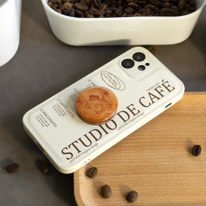 スタイリッシュコーヒーテーマエアバッグ式スタンド付きPUスマホケース