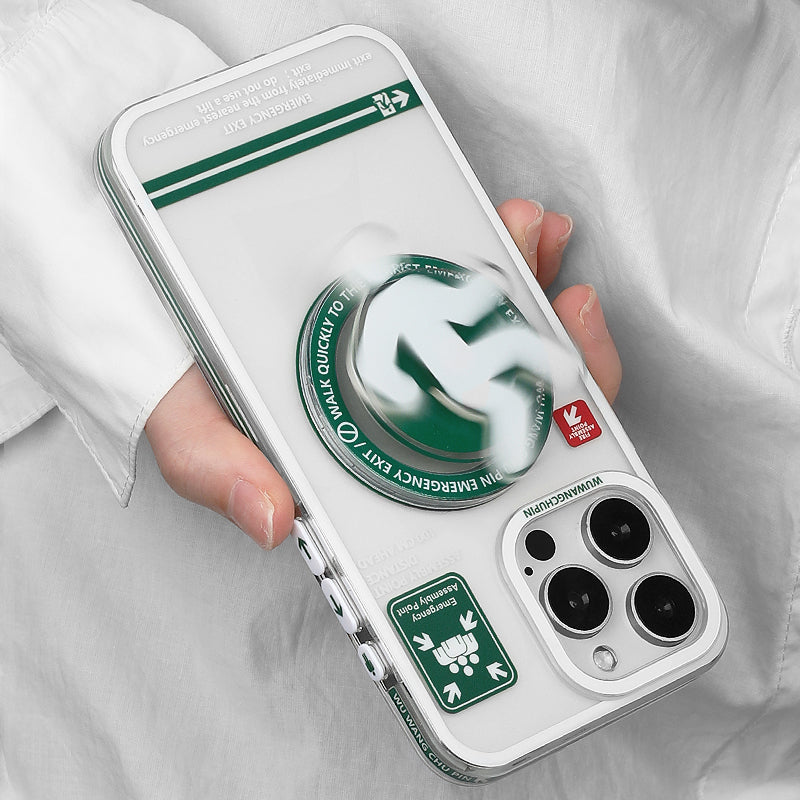 ユニークな非常口サインモチーフ回転スタンド付きマグネット式スマホケース