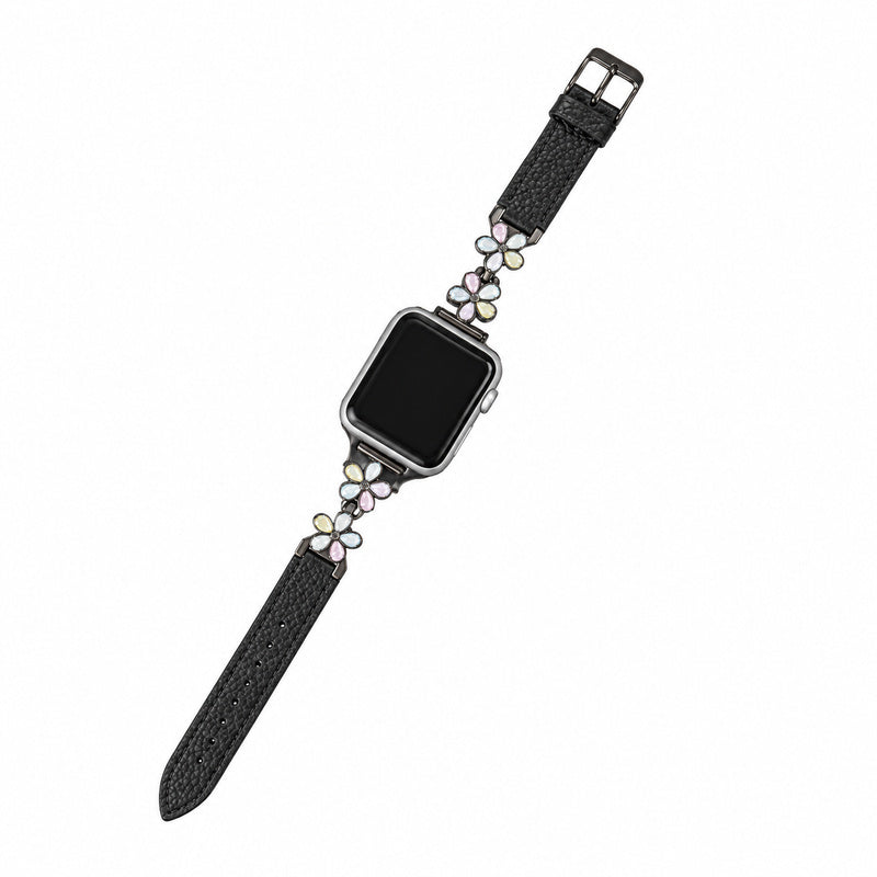 ブラックのフラワーメタル レザー調 Apple Watchバンド
