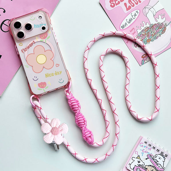 Clear MagSafe-compatible iPhone case with floral shoulder strap