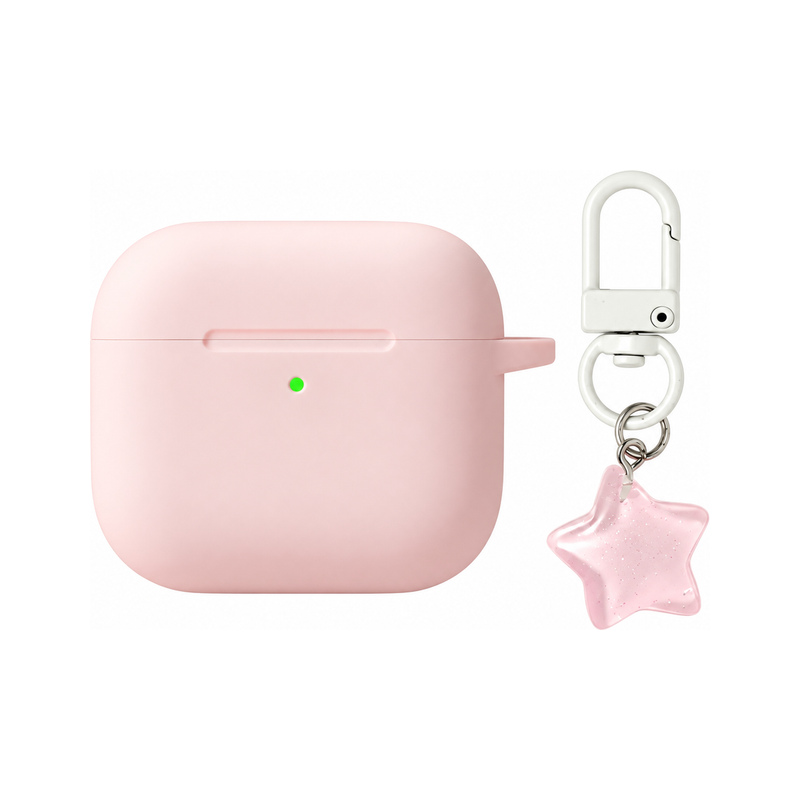 ピンク+スターチャーム(2点セット)のAirPodsケース、実物の柄と付属品の参考画像