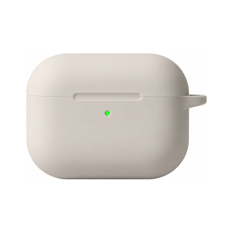 ベージュ(単品)のAirPodsケース、実物の柄と付属品の参考画像