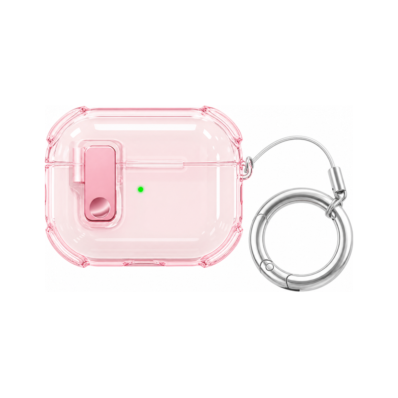クリアピンクロック+リング(2点セット)のAirPodsケース、実物の柄と付属品の参考画像