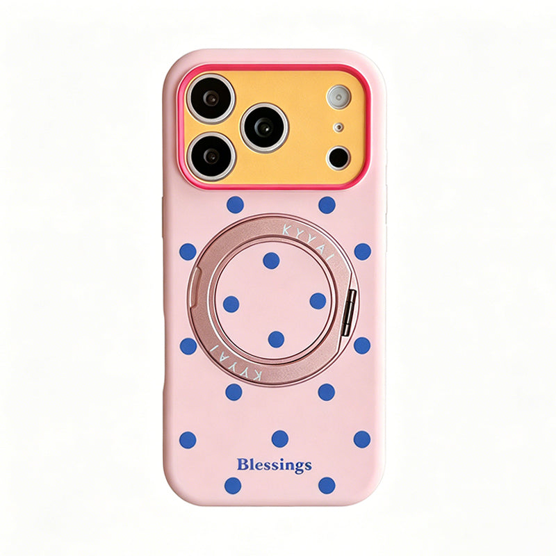 iPhone 17/16/15/14 Pro対応】カラフルドット柄 360°回転スタンド一