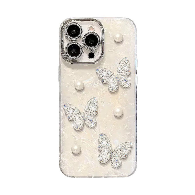 クリスタル バタフライ 蝶々 パール 装飾 iPhone ケース 立体デコレーション 水鑽 TPU シェル調 おしゃれ 女子 大人かわいい