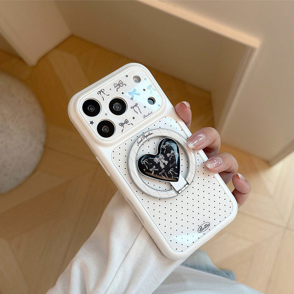 Black dot and ribbon motif heart-shaped magnetic stand iPhone case