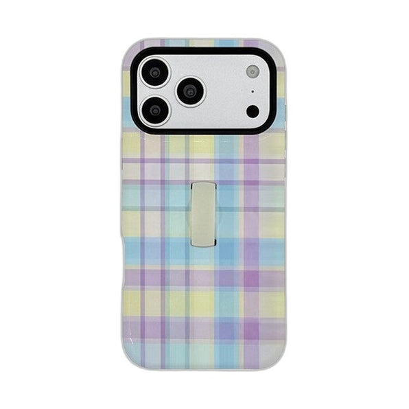 ストラップ付き 格子柄 iPhoneケース レインボー メイン(白底)