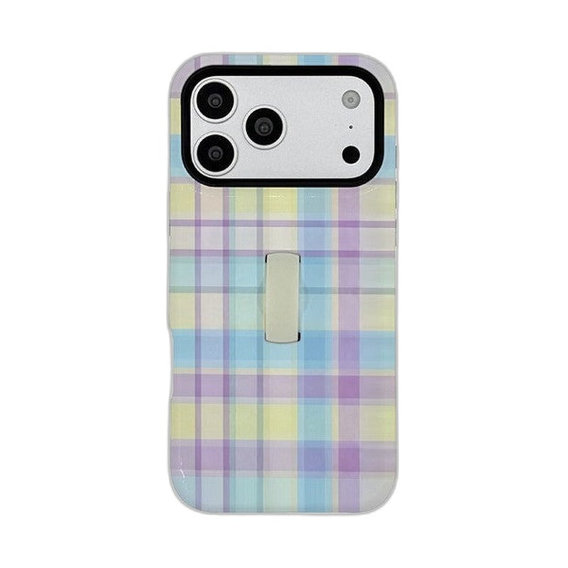 ストラップ付き 格子柄 iPhoneケース レインボー メイン(白底)