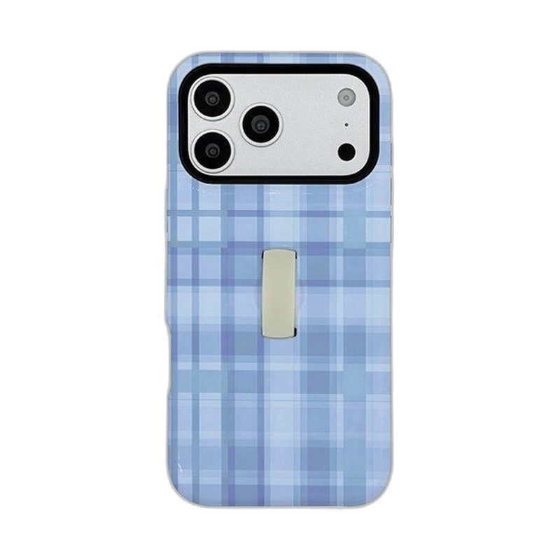 ストラップ付き 格子柄 iPhoneケース ブルー メイン(白底)
