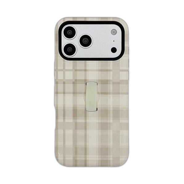 ストラップ付き 格子柄 iPhoneケース ベージュ メイン(白底)