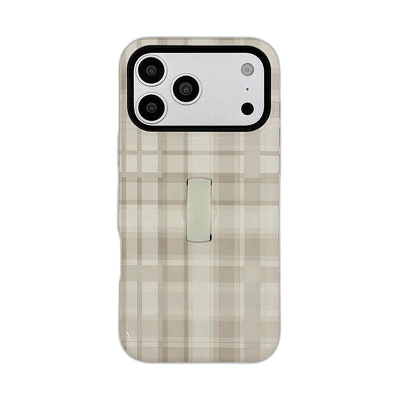 ストラップ付き 格子柄 iPhoneケース ベージュ メイン(白底)