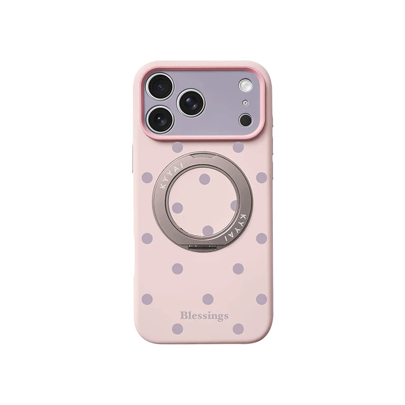 カラフルドット 360°回転スタンド付き iPhoneケース ピンク+グレーパープルドット メイン