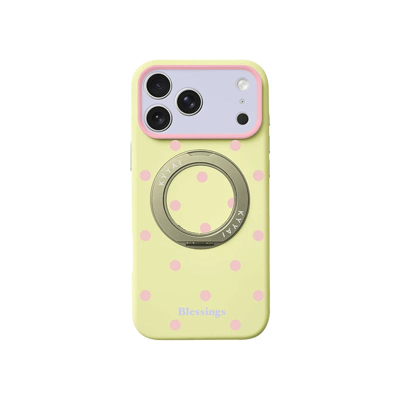 カラフルドット 360°回転スタンド付き iPhoneケース イエロー+ライトピンクドット メイン