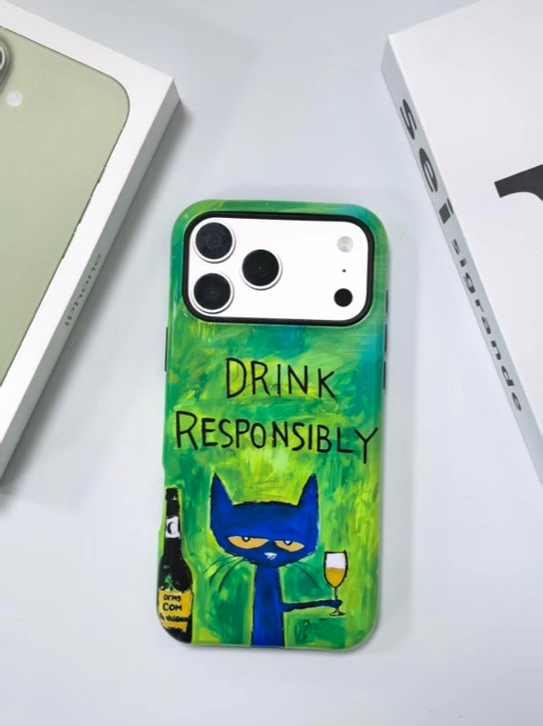 油絵タッチの手描きアート ネコ柄 iPhoneケース 光沢タイプ グリーン 耐衝撃二層構造