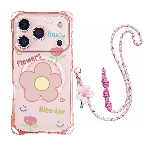 Clear MagSafe-compatible iPhone case with floral shoulder strap
