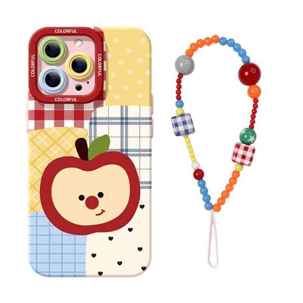 りんごチェック柄 iPhoneケース ピンク ビーズストラップ付き背面商品画像