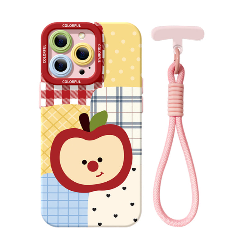 りんごチェック柄 iPhoneケース ピンク ハンドストラップ付き背面商品画像