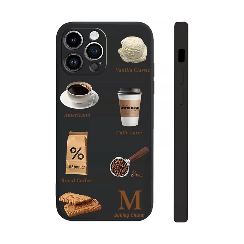 コーヒー柄iPhoneケース ブラック シリコン レンズ個別穴