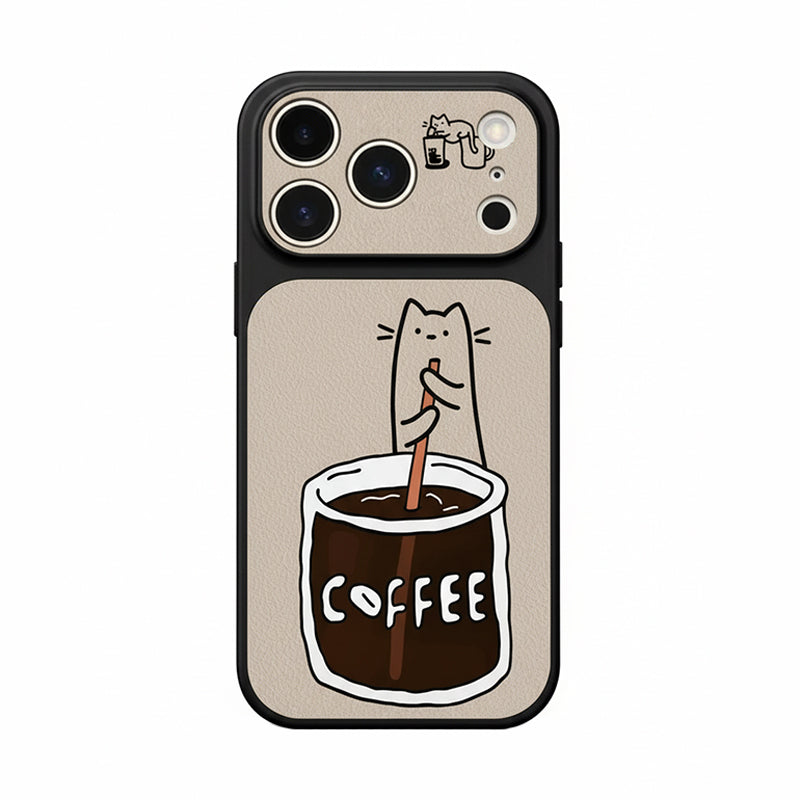 コーヒーねこ柄iPhoneケース ブラック