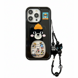 帽子ねこ柄iPhoneケース ブラック(ビーズストラップ付き)