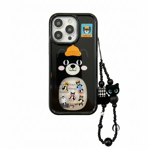 帽子ねこ柄iPhoneケース ブラック(ビーズストラップ付き)