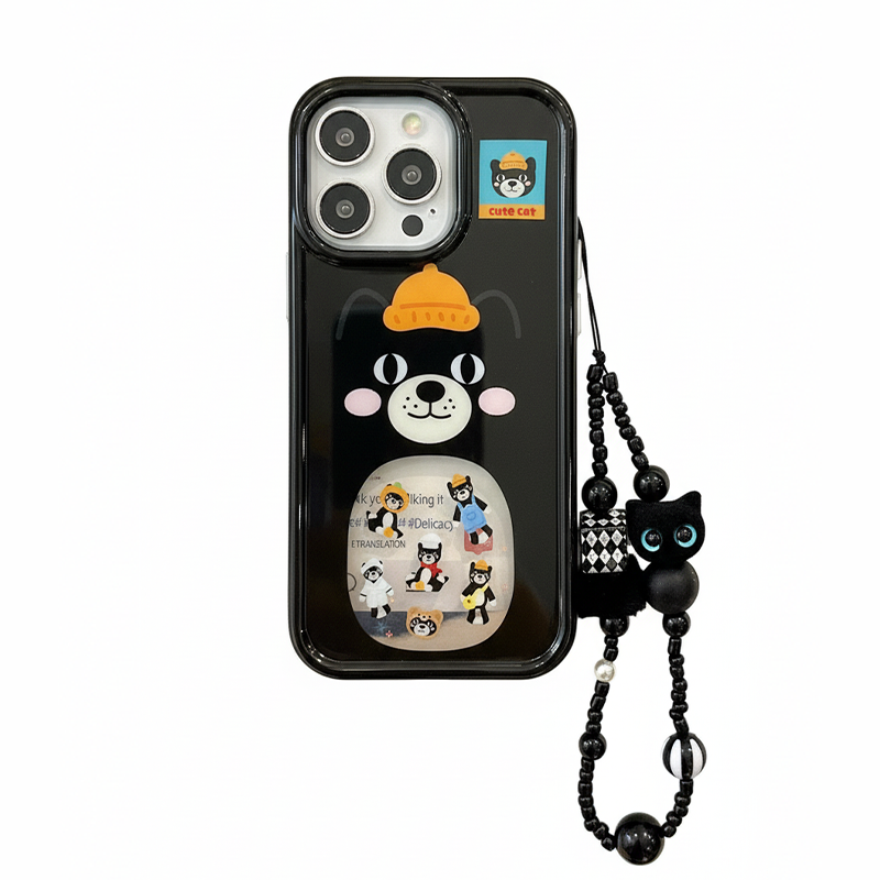 帽子ねこ柄iPhoneケース ブラック(ビーズストラップ付き)