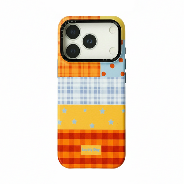 チェック柄ボタンiPhoneケース オレンジ×ブルー(ケース単品)