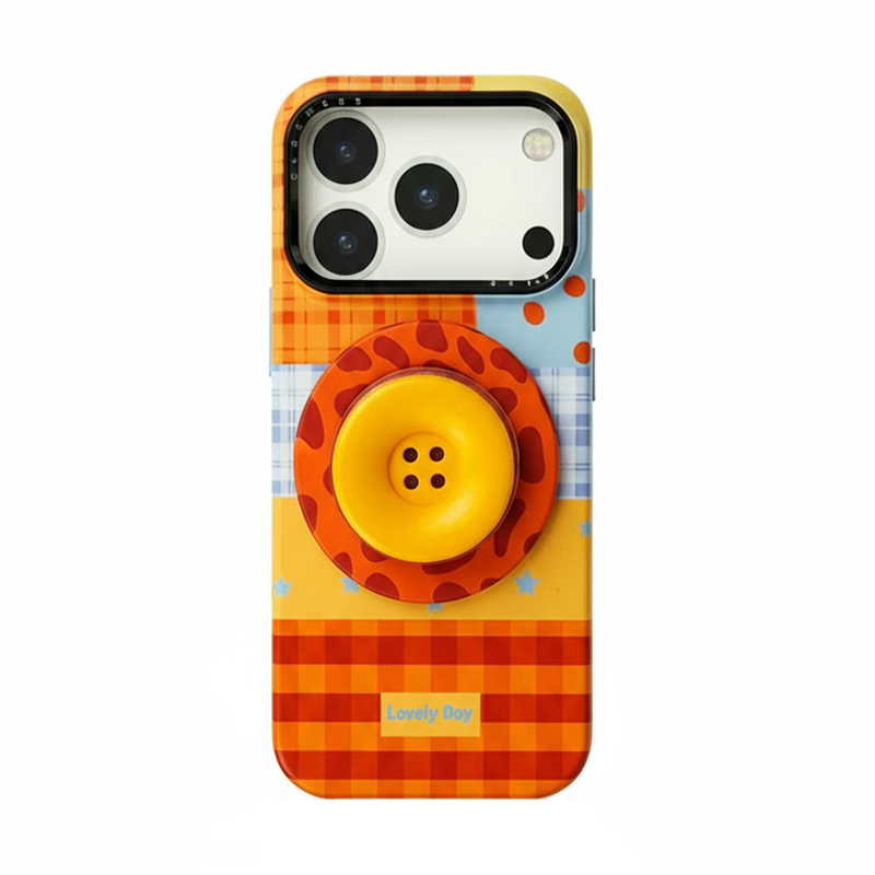 チェック柄ボタンiPhoneケース オレンジ×ブルー(ボタンスタンド付き)