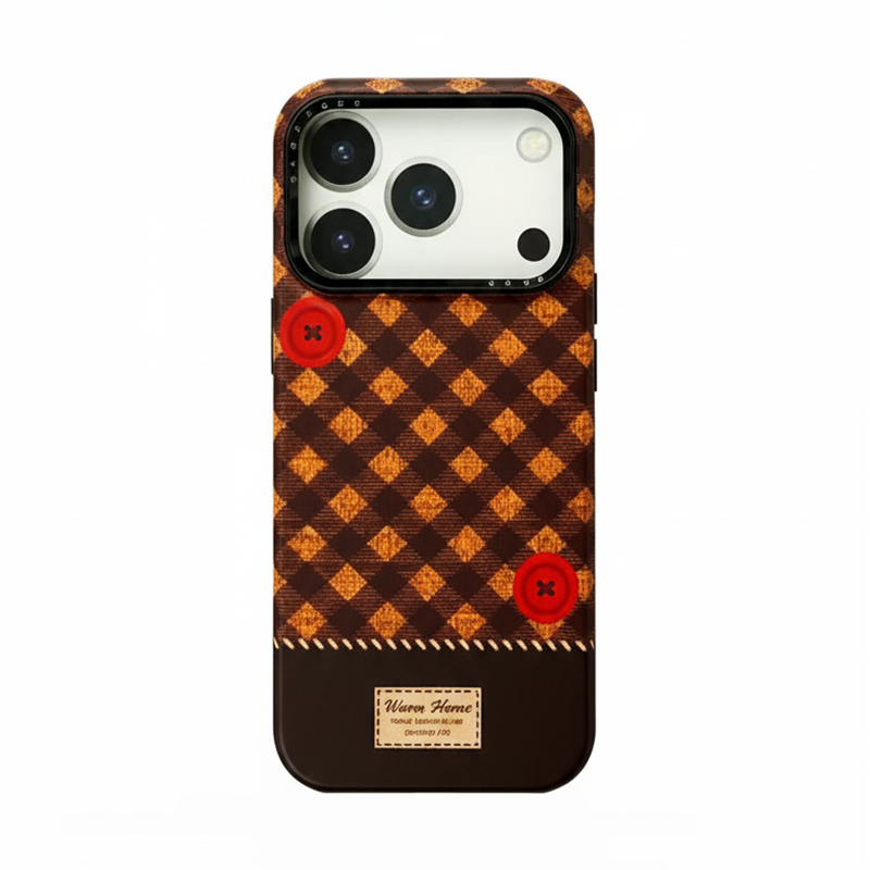 チェック柄ボタンiPhoneケース ブラウン×オレンジ(ケース単品)