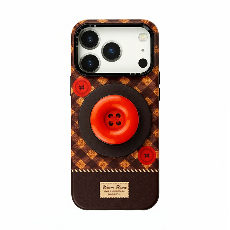 チェック柄ボタンiPhoneケース ブラウン×オレンジ(ボタンスタンド付き)