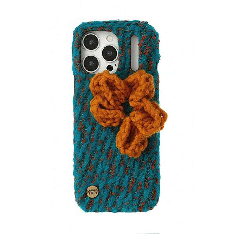 立体フラワー編み地デザインiPhoneケース ブルー×オレンジ(ケース単品)