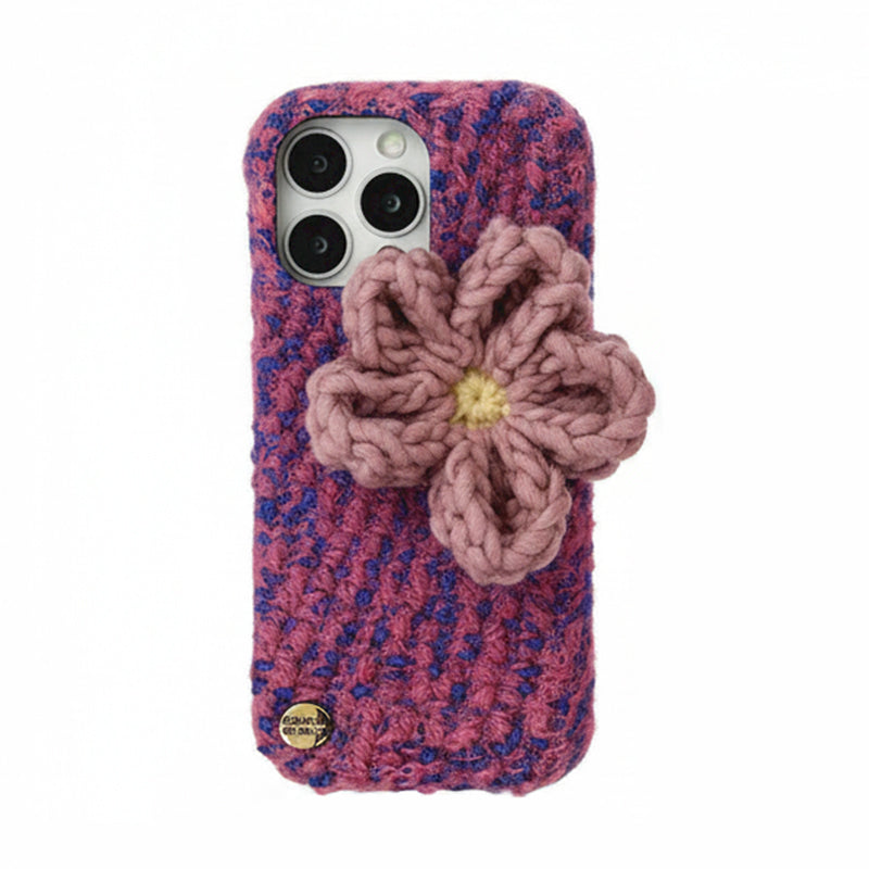 立体フラワー編み地デザインiPhoneケース ピンク×パープル(ケース単品)