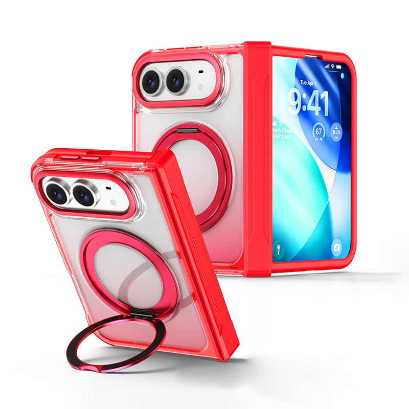 回転リング クリア配色 折りたたみiPhoneケース レッド